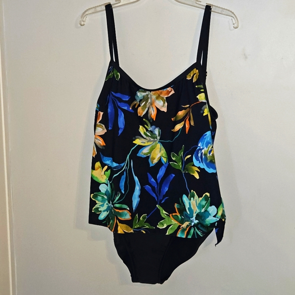 Maxine Of Hollywood Indigo Vineyard Scoop Neck Faux Tankini One Piece-Size 14